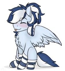 Size: 1091x1200 | Tagged: safe, artist:mariashapony, oc, oc only, oc:maxi, pegasus, pony, blushing, chest fluff, clothes, cute, eyes closed, female, fluffy, ponytail, simple background, sitting, smiling, socks, solo, striped socks, tongue out, white background, wings