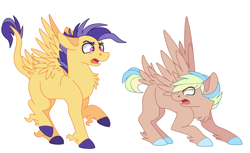 Size: 2944x1804 | Tagged: safe, artist:maiachlte, oc, oc only, oc:sandstorm winds, oc:shooting star, pegasus, pony, blank flank, chest fluff, colored hooves, colt, leonine tail, magical lesbian spawn, male, offspring, parent:flash sentry, parent:lightning dust, parent:rainbow dash, parent:twilight sparkle, parents:flashlight, parents:rainbowdust, simple background, tail feathers, white background