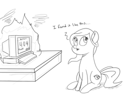 Size: 900x700 | Tagged: safe, artist:purple-yoshi-draws, browser ponies, fire, internet explorer, monochrome, ponified, solo, vulgar