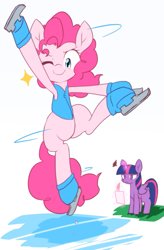 Size: 789x1200 | Tagged: safe, artist:akainu_pony, pinkie pie, twilight sparkle, twilight sparkle (alicorn), alicorn, earth pony, pony, winter wrap up, clothes, cute, duo, duo female, female, glowing horn, ice skating, magic, mare, one eye closed, quill, simple background, telekinesis, vest, weather team, white background, wink, winter wrap up vest, writing