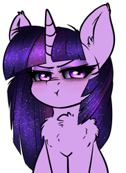 Size: 954x1314 | Tagged: safe, artist:duop-qoub, twilight sparkle, pony, :t, blushing, chest fluff, descended twilight, ear fluff, female, lidded eyes, looking at you, mare, pouting, simple background, solo, white background