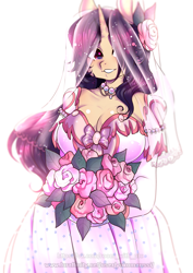 Size: 2893x4092 | Tagged: safe, artist:yukomaussi, oc, oc only, anthro, unicorn, anthro oc, big breasts, bouquet, breasts, cleavage, clothes, dress, female, flower, hair over one eye, jewelry, mare, necklace, simple background, solo, wedding dress, wedding veil, white background