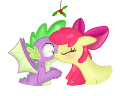 Size: 1200x900 | Tagged: artist needed, source needed, safe, apple bloom, spike, dragon, blushing, cute, female, holly, holly mistaken for mistletoe, kissing, male, mistletoe, shipping, simple background, spikebloom, straight, white background, winged spike, wings