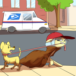 Size: 1000x1000 | Tagged: safe, artist:khorme, oc, oc only, oc:ultramare, dog, clothes, collar, disguise, dog collar, hat, leash, pet, pet tag, trenchcoat, truck