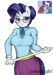 Size: 905x1280 | Tagged: safe, artist:jcosneverexisted, rarity, anthro, school daze, breasts, clothes, discipline, female, glasses, looking at you, raritits, ruler, schoolmarm rarity, simple background, solo, teacher, white background