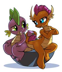 Size: 1989x2298 | Tagged: safe, artist:gsphere, smolder, spike, dragon, school daze, crossed arms, cute, dragoness, female, intertwined tails, looking at each other, male, picture for breezies, shipping, simple background, sitting, smiling, smolderbetes, spolder, straight, tail wrap, white background