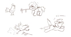 Size: 1200x632 | Tagged: safe, artist:grimbloody, oc, oc only, chicken, earth pony, pony, worm, chase, colt, crying, cute, eyes closed, male, monochrome, mouth hold, open mouth, running, scared, simple background, solo, stick, teary eyes, white background