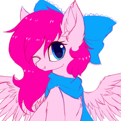 Size: 1500x1500 | Tagged: safe, artist:heddopen, oc, oc only, pegasus, pony, bow, bust, chest fluff, clothes, cute, cute little fangs, ear fluff, fangs, female, hair bow, looking at you, mare, one eye closed, scarf, simple background, solo, spread wings, white background, wings, wink