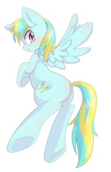 Size: 772x1200 | Tagged: safe, artist:bbtasu, oc, oc only, oc:corkdash, pegasus, pony, blushing, cute, female, looking at you, looking back, looking back at you, mare, simple background, smiling, solo, spread wings, underhoof, white background, wings