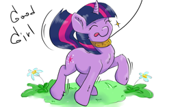 Size: 2300x1440 | Tagged: safe, artist:kittytitikitty, twilight sparkle, unicorn twilight, pony, unicorn, collar, colored, cute, explicit source, eyes closed, female, good girl, leash, mare, pony pet, simple background, speech, tongue out, twiabetes, white background