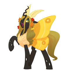 Size: 875x900 | Tagged: safe, artist:carnifex, oc, oc only, oc:deciduous, changeling, changeling queen, moth, mothling, original species, antennae, autumn leaves, butterfly wings, changeling queen oc, female, one eye closed, raised hoof, simple background, smiling, solo, species swap, white background, wink, yellow changeling