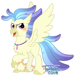 Size: 900x907 | Tagged: safe, artist:tambelon, oc, oc only, oc:prince skystrike, classical hippogriff, hippogriff, feathered fetlocks, freckles, jewelry, male, necklace, offspring, parent:princess skystar, raised claw, simple background, solo, white background