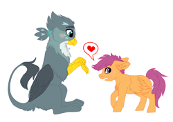 Size: 2400x1700 | Tagged: safe, artist:silcybell, gabby, scootaloo, griffon, pegasus, pony, blushing, confession, duo, female, filly, floppy ears, gabbyloo, heart, lesbian, looking away, pictogram, shipping, simple background, sitting, white background