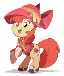 Size: 1827x2152 | Tagged: safe, artist:shira-hedgie, apple bloom, earth pony, pony, adorabloom, bow, bowtie, cloche hat, clothes, cute, cutie mark, female, filly, hair bow, hat, outfit, rearing, shoes, simple background, solo, the cmc's cutie marks, white background