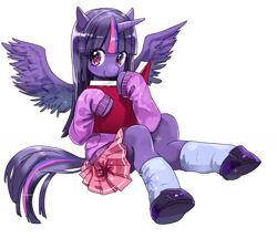 Size: 1387x1193 | Tagged: safe, artist:quizia, twilight sparkle, twilight sparkle (alicorn), alicorn, anthro, adorkable, book, clothes, cute, dork, female, horn, mare, pleated skirt, pony ears, shoes, simple background, sitting, skirt, smiling, socks, solo, sweater, twiabetes, white background, wings