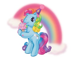 Size: 500x383 | Tagged: safe, rainbow dash (g3), g3, bipedal, food, ice cream, licking, official, rainbow, simple background, solo, tongue out, white background