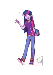 Size: 1024x1448 | Tagged: safe, artist:jurill, twilight sparkle, equestria girls, alternate costumes, beautiful, book, clothes, female, pants, purple, shirt, shoes, simple background, smiling, sneakers, solo, white background