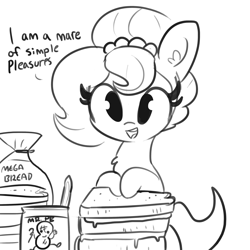 Size: 3000x3000 | Tagged: safe, artist:tjpones, oc, oc only, oc:brownie bun, earth pony, pony, horse wife, :d, black and white, bread, chest fluff, cute, dialogue, ear fluff, female, food, grayscale, lineart, looking at you, mare, monochrome, open mouth, peanut butter, sandwich, simple background, smiling, solo, white background