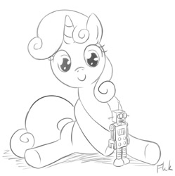 Size: 772x776 | Tagged: safe, artist:flak--k, sweetie belle, pony, robot, unicorn, cute, diasweetes, female, filly, grayscale, monochrome, simple background, sitting, smiling, solo, toy, white background