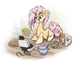 Size: 945x785 | Tagged: safe, artist:saveblacksheep, oc, oc only, oc:wafuru, unicorn, coat markings, cooking, cutie mark, egg (food), food, simple background, sitting, solo, tongue out, waffle, waffle iron, white background