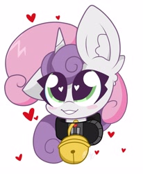 Size: 2761x3353 | Tagged: safe, artist:kittyrosie, sweetie belle, pony, unicorn, bell, bell collar, blush sticker, blushing, cat bell, collar, female, filly, heart eyes, looking at you, simple background, solo, white background, wingding eyes