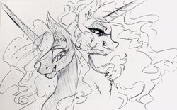 Size: 1280x795 | Tagged: safe, artist:candasaurus, daybreaker, nightmare moon, alicorn, pony, black and white, duo, female, grayscale, horn, ink drawing, looking at you, mare, monochrome, simple background, traditional art, white background