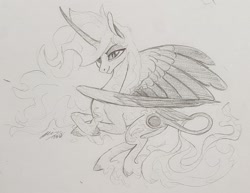 Size: 2471x1905 | Tagged: safe, artist:creeate97, daybreaker, alicorn, classical unicorn, pony, cloven hooves, curved horn, female, grayscale, leonine tail, mare, monochrome, pencil drawing, signature, simple background, smiling, solo, traditional art, unshorn fetlocks, white background