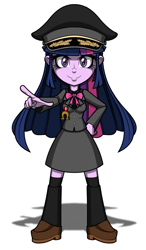 Size: 550x942 | Tagged: safe, artist:pedantczepialski, part of a set, twilight sparkle, equestria girls, alternate universe, clothes, cute, daaaaaaaaaaaw, doll, eqg:tps minis, equestria girls minis, equestria girls: the parody series, evil twilight, happy, hat, looking at you, peaked cap, pointing, simple background, skirt, smiling, solo, toy, twiabetes, uniform, white background