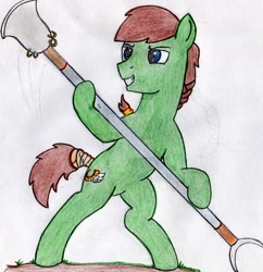 Size: 900x931 | Tagged: safe, artist:drcool13, oc, oc only, oc:swift stride, bad anatomy, kung fu, male, monk spade, simple background, solo, stallion, traditional art, watermark, weapon, white background