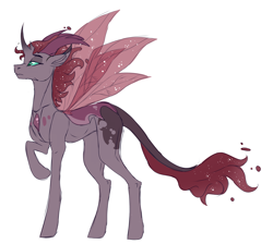 Size: 2850x2559 | Tagged: safe, artist:anyatrix, oc, oc only, oc:bed bug, changepony, hybrid, changeling hybrid, coat markings, horns, leonine tail, male, next generation, offspring, parent:pharynx, parent:princess luna, parents:lunarynx, simple background, solo, spread wings, white background, wings