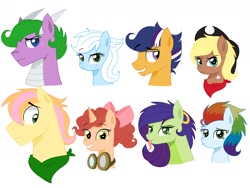 Size: 2048x1536 | Tagged: safe, artist:pimpartist101, oc, oc only, oc:big ben, oc:delilah, oc:flint, oc:rosemary, oc:ryder, oc:snow storm, oc:sora, oc:sweet airheart, dracony, earth pony, hybrid, pegasus, pony, unicorn, bow, bust, cowboy hat, female, goggles, hair bow, hat, interspecies offspring, male, mare, neckerchief, next generation, offspring, parent:applejack, parent:big macintosh, parent:caramel, parent:flash sentry, parent:fluttershy, parent:pinkie pie, parent:pokey pierce, parent:rainbow dash, parent:rarity, parent:soarin', parent:spike, parent:twilight sparkle, parents:carajack, parents:flashlight, parents:fluttermac, parents:pokeypie, parents:soarindash, parents:sparity, scar, simple background, stallion, stetson, tongue out, white background