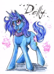 Size: 2228x3047 | Tagged: safe, artist:donika-schovina, oc, oc only, oc:delly, collar, cute, simple background, traditional art, white background