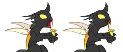 Size: 1300x550 | Tagged: safe, artist:carnifex, oc, oc only, changeling, changeling slime, cute, drool, fangs, female, flower, honeycomb hive, hoof hold, licking lips, mlem, nectar, open mouth, silly, simple background, smiling, tongue out, transparent background, yellow changeling