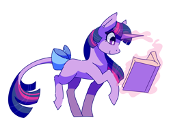 Size: 4000x3000 | Tagged: safe, artist:uunicornicc, twilight sparkle, unicorn twilight, pony, unicorn, belle, book, bow, cute, female, glowing horn, leonine tail, magic, mare, reading, simple background, smiling, solo, tail bow, telekinesis, walking, white background