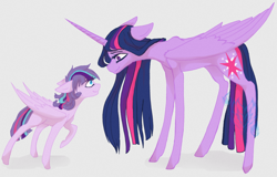 Size: 800x512 | Tagged: safe, artist:castaspellliana, twilight sparkle, twilight sparkle (alicorn), oc, oc:astraea shimmer, alicorn, pegasus, pony, cutie mark, duo, female, filly, looking at each other, mare, mother and child, mother and daughter, next generation, offspring, parent and child, parent:flash sentry, parent:twilight sparkle, parents:flashlight, simple background, smiling, white background
