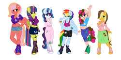 Size: 1024x509 | Tagged: safe, artist:grogiesnople, oc, oc:apple breeze, oc:candy apple, oc:dawn glow, oc:elegance, oc:party palooza, oc:spectrum cloud, anthro, earth pony, pegasus, unguligrade anthro, unicorn, anthro oc, base used, clothes, compression shorts, daisy dukes, ear piercing, earring, female, front knot midriff, hair over one eye, hoof hands, hoof shoes, jewelry, mare, midriff, next generation, offspring, parent:applejack, parent:big macintosh, parent:caramel, parent:cheese sandwich, parent:comet tail, parent:fancypants, parent:fluttershy, parent:pinkie pie, parent:rainbow dash, parent:rarity, parent:soarin', parent:twilight sparkle, parents:carajack, parents:cheesepie, parents:cometlight, parents:fluttermac, parents:raripants, parents:soarindash, piercing, shorts, simple background, skirt, sports bra, tattoo, white background