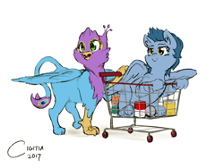 Size: 4096x3072 | Tagged: safe, artist:cigitia, oc, oc only, oc:gyro feather, oc:gyro tech, oc:rainy, griffon, hippogriff, absurd resolution, canned food, grifflingied, griffonized, monochrome, rainro, shopping cart, simple background, sketch, species swap, white background