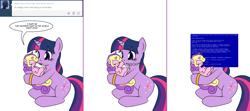 Size: 1808x800 | Tagged: safe, artist:dekomaru, princess skyla, twilight sparkle, unicorn twilight, pony, unicorn, ask, auntie twilight, blue screen of death, boop, comic, female, filly, foal, mare, simple background, tumblr, tumblr:ask twixie, white background