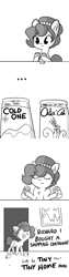 Size: 1650x6600 | Tagged: safe, artist:tjpones, oc, oc:brownie bun, earth pony, pony, horse wife, alcohol, beer, comic, dialogue, drunk, female, grayscale, mare, monochrome, simple background, soda, solo, white background, xk-class end-of-the-kitchen scenario, xk-class end-of-the-world scenario