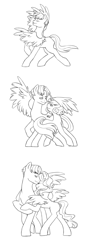 Size: 800x2220 | Tagged: safe, artist:pikokko, oc, oc only, oc:sound wave, pegasus, pony, unicorn, black and white, comic, dancing, female, grayscale, lineart, male, mare, monochrome, offspring, parent:bulk biceps, parent:fluttershy, parents:flutterbulk, simple background, stallion, unnamed oc, white background