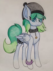 Size: 2448x3264 | Tagged: safe, artist:luxiwind, oc, oc only, pegasus, pony, bracelet, collar, colored pupils, female, hat, jewelry, looking at you, mare, signature, simple background, solo, spiked wristband, traditional art, white background, wristband