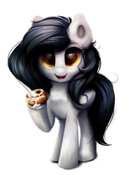 Size: 2000x2500 | Tagged: safe, artist:confetticakez, oc, oc only, oc:raven sun, pegasus, pony, cinnamon bun, cute, folded wings, food, hoof hold, looking at you, ocbetes, open mouth, open smile, simple background, smiling, smiling at you, solo, standing, white background