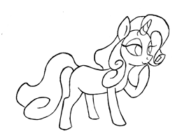 Size: 2856x2216 | Tagged: safe, artist:mjangelvortex, derpibooru exclusive, oc, oc only, oc:golden rose (ice1517), pony, unicorn, black and white, female, gift art, grayscale, lidded eyes, lineart, mare, monochrome, raised hoof, simple background, solo, traditional art, white background, wip