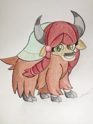 Size: 1024x1365 | Tagged: safe, artist:luxiwind, yona, yak, school daze, cloven hooves, colored pencil drawing, female, looking at you, simple background, solo, traditional art, white background