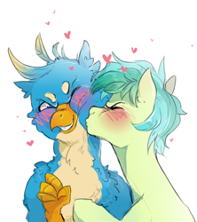 Size: 1600x1800 | Tagged: safe, artist:oniricat, gallus, sandbar, earth pony, griffon, pony, school daze, bigotry in the comments, blushing, cute, gallabetes, gallbar, gay, graveyard of comments, heart, interspecies, kiss on the cheek, kissing, male, sandabetes, shipping, simple background, teenager, white background