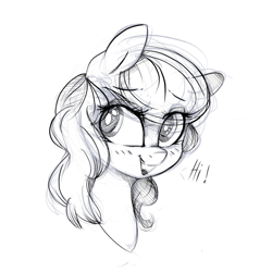 Size: 1660x1660 | Tagged: safe, artist:dapurpleheart, oc, oc only, pony, blushing, bust, dialogue, female, grayscale, mare, monochrome, portrait, simple background, sketch, smiling, solo, white background