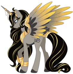 Size: 1296x1320 | Tagged: safe, artist:myhandsarecrazy, oc, oc only, alicorn, pony, alicorn oc, alicorn princess, armband, ear piercing, earring, egyptian, female, horn jewelry, jewelry, piercing, regalia, simple background, solo, spread wings, tail wrap, white background, wings