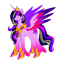 Size: 900x900 | Tagged: safe, artist:skel0sbadlands, twilight sparkle, twilight sparkle (alicorn), alicorn, pony, alternate design, colored wings, cutie mark, female, jewelry, looking back, mare, regalia, simple background, solo, spread wings, unshorn fetlocks, white background, wings