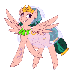 Size: 700x700 | Tagged: safe, artist:skel0sbadlands, somnambula, pegasus, pony, clothes, cutie mark, female, flying, glowpaz, headdress, jewelry, mare, necklace, simple background, smiling, solo, spread wings, watermark, white background, wings