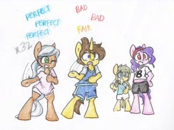 Size: 1824x1364 | Tagged: safe, artist:spheedc, oc, oc:bolly, oc:dream chaser, oc:sphee, oc:velvet sky, earth pony, semi-anthro, unicorn, bipedal, clothes, combo, dancing, female, glasses, male, mare, one eye closed, simple background, stallion, traditional art, white background, wink